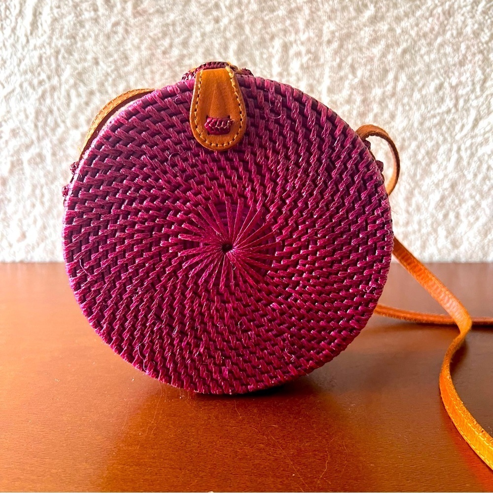 Handwoven Round‎ Rattan Bali Crossbody Bag Boho Sustainable Button Closure Batik
